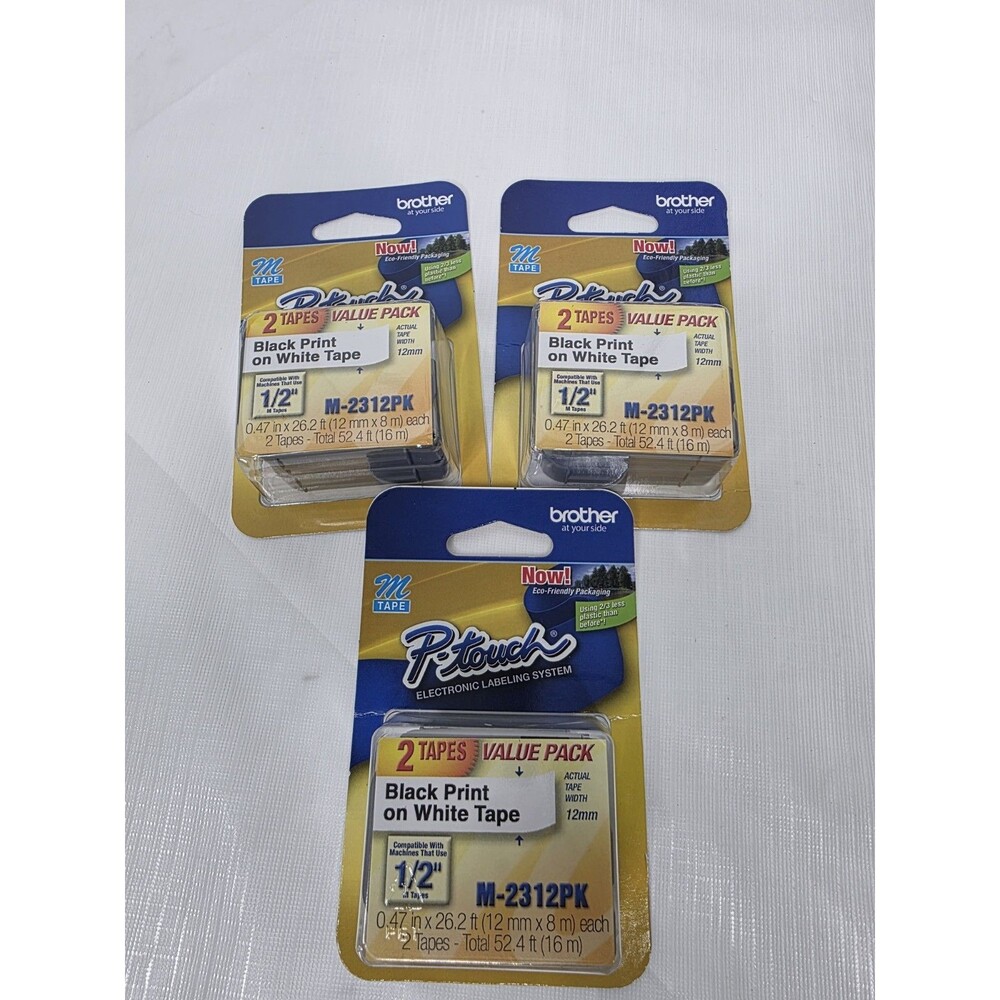 Lot of 3 Brother P-Touch M-2312PK 1/2" M-Tape Black Print on White Tape - New